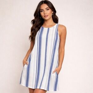 Thread & Supply Striped Dress Womens Medium Blue Linen Blend Sleeveless Coastal